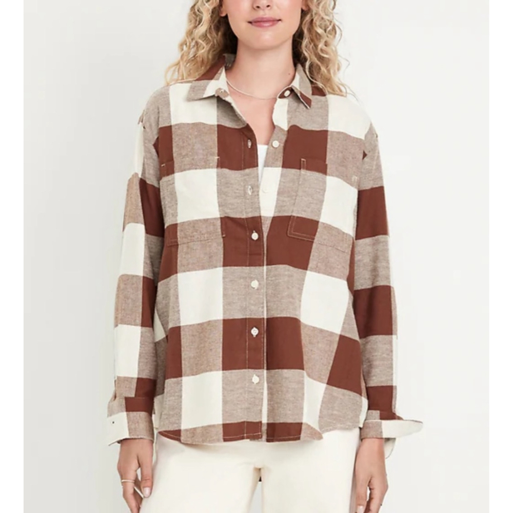 Old Navy The Boyfriend Shirt Buffalo Plaid Button Down Brown Beige Size XS